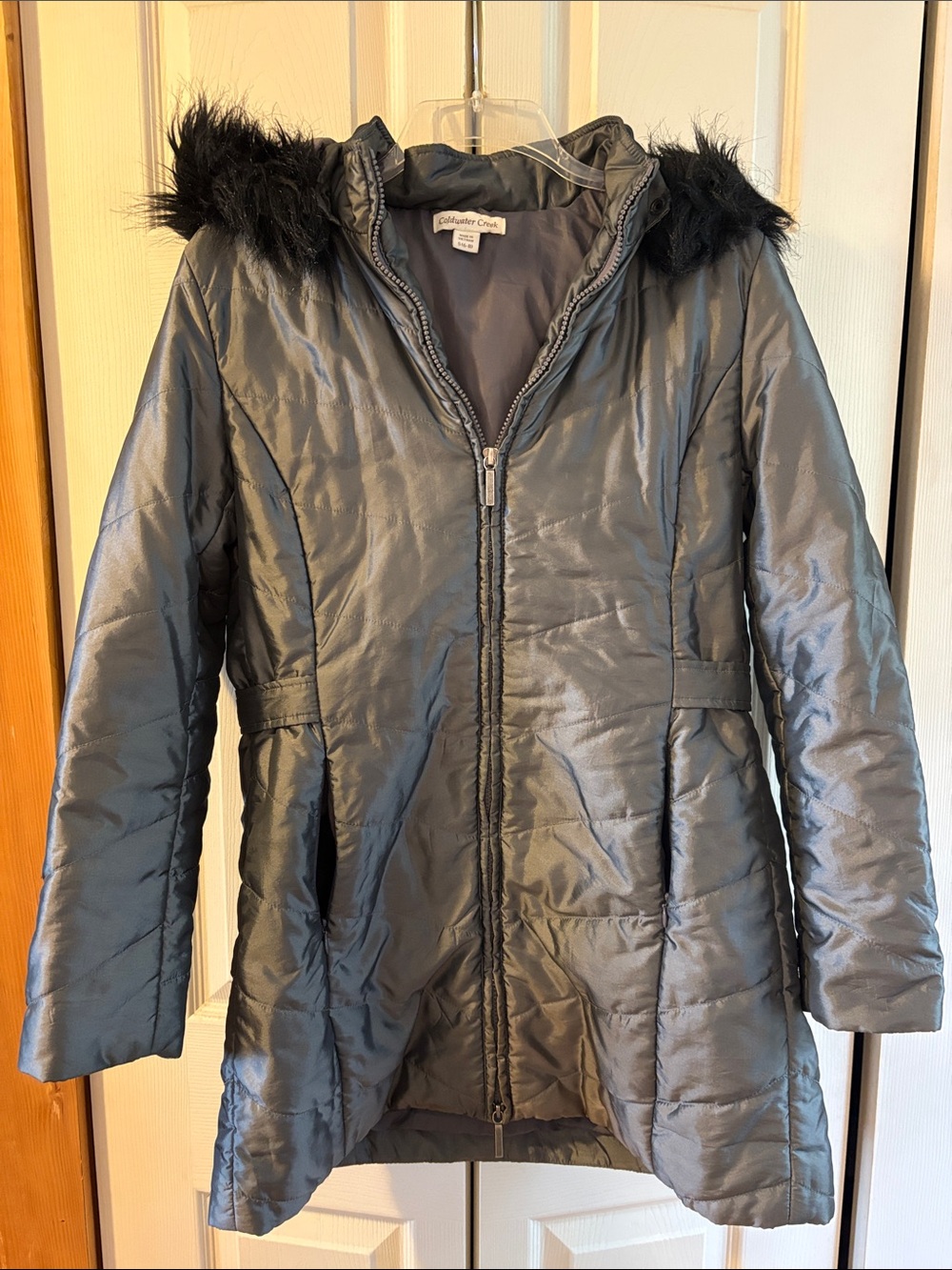 Coldwater Creek Women's Black Puffer Coat with Faux Fur Hood